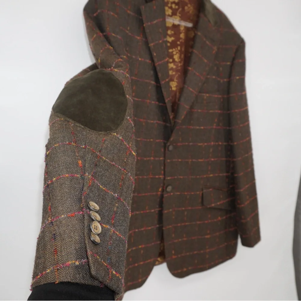 TED BAKER Brown Fuchsia Window Pane 100% Wool Sport Coat Velvet Elbow Collar 46R